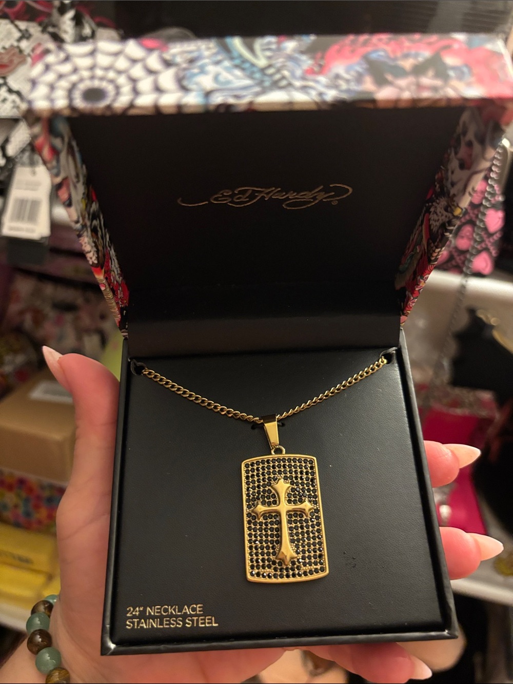 Ed Hardy Gold Pendant Necklace with Black Accents